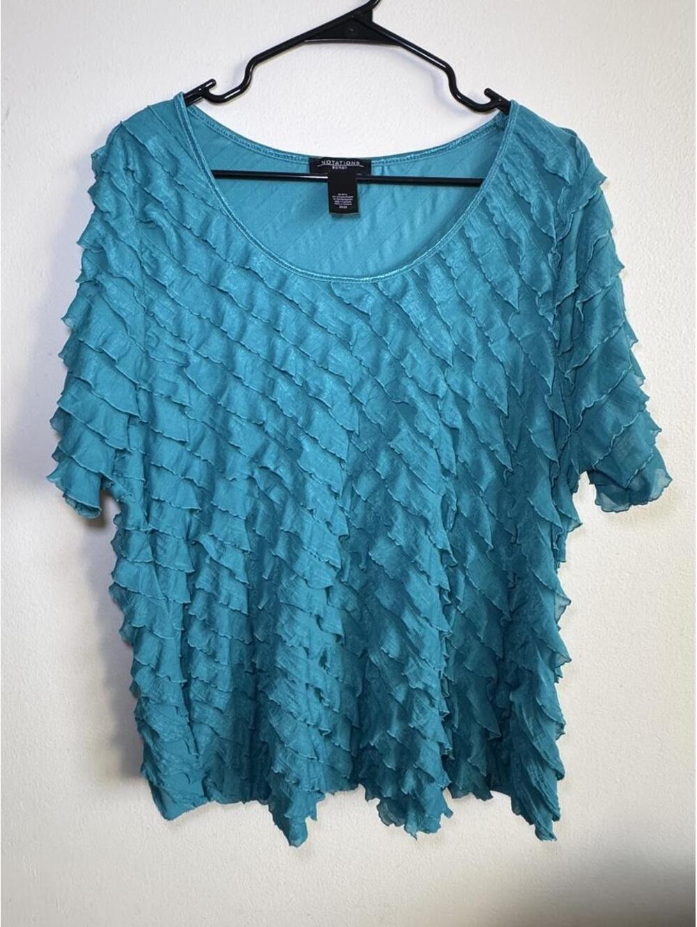 Notations Women's 2X Blue Ruffle Blouse PTP 24 GC
